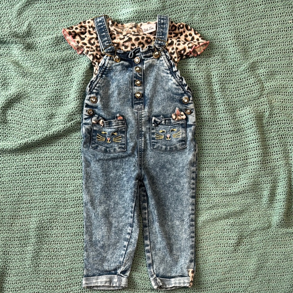 2/$10 2T Denim Overalls with Leopard Print Top